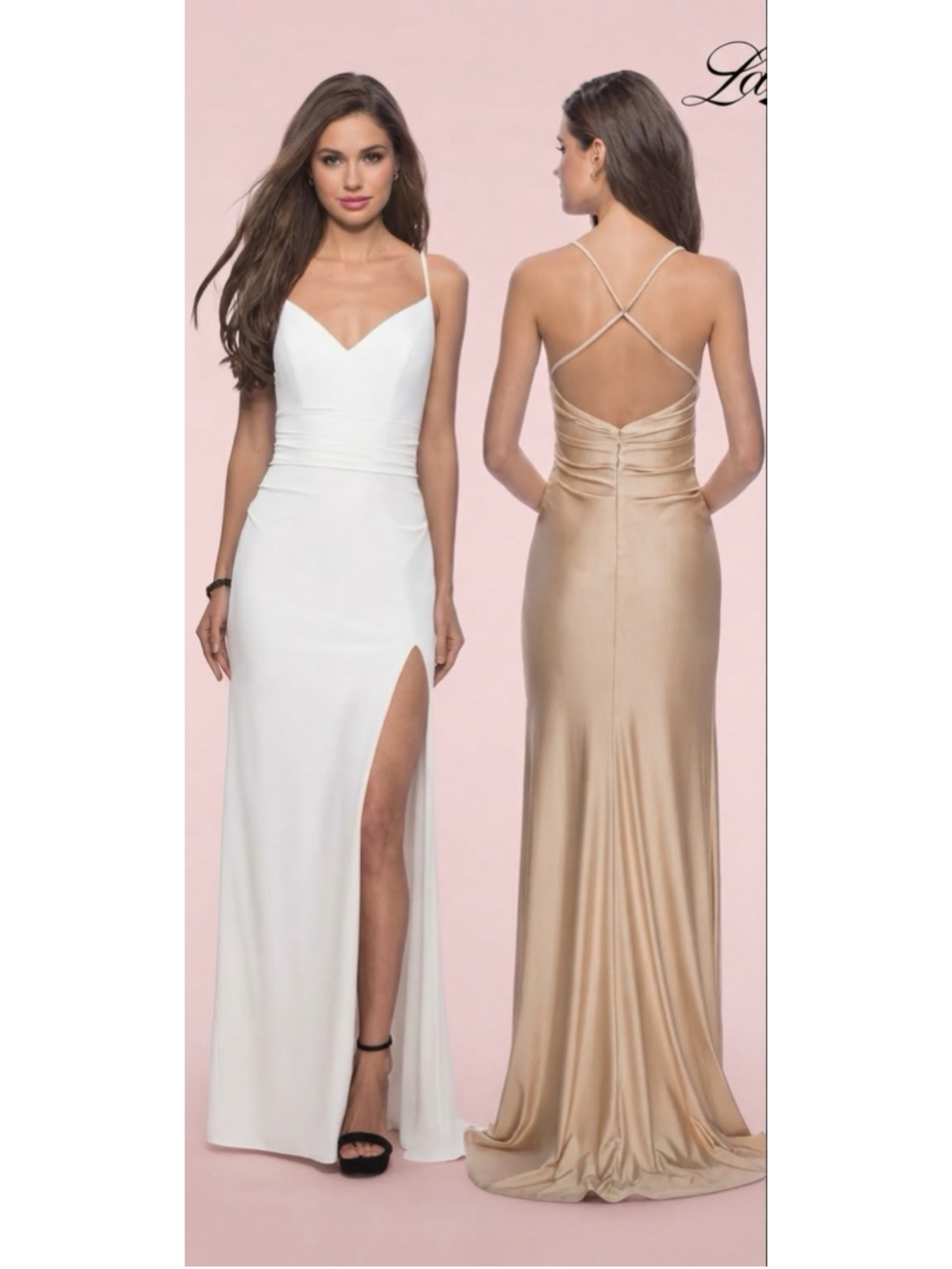 La Femme 28206 Cross Back Satin Jersey Trumpet Gown SZ 8 White $268 FLAW NEW